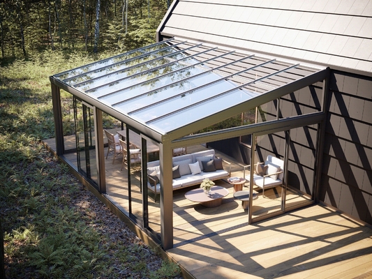 Telhado de vidro temperado Jardim de inverno Sala de sol com porta dupla deslizante e moldura de alumínio