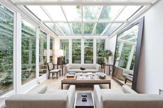 Sala de sol de vidro cinza Solarium Veranda pré-fabricada com estrutura de alumínio e moldura de telhado poligônico